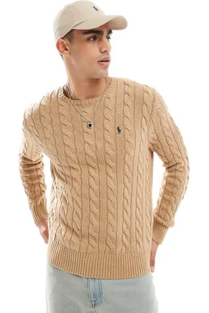 Ralph Lauren Driver icon logo roving cotton cable knit jumper in camel marl