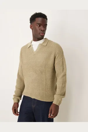 ASOS Relaxed textured notch neck knitted polo jumper in sage