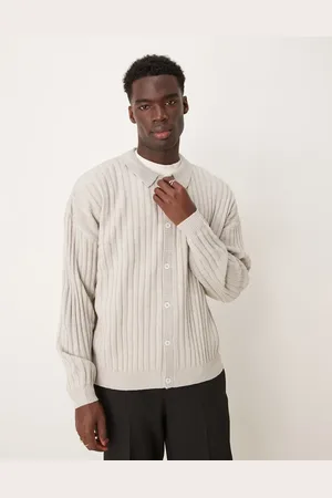 ASOS Oversized ribbed knitted cardigan with collar in oatmeal marl