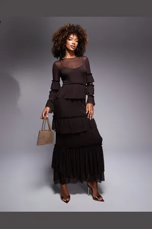 Never Fully Dressed Sheer ruffle mesh maxi dress in chocolate