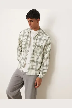 ASOS Oversized boxy zip through shirt with washed check in neutral tones