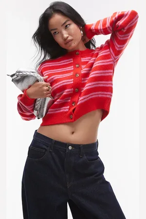 Topshop Knitted ultimate micro cardi in red and pink stripe