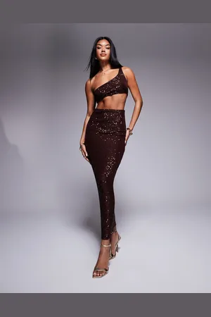 ASOS Sequin one shoulder faux-ord midi dress in chocolate