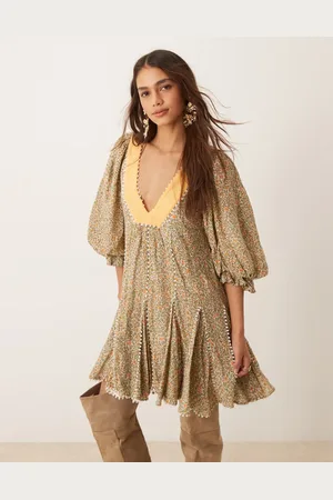 Free People Ditsy floral puff sleeve boho mini dress in