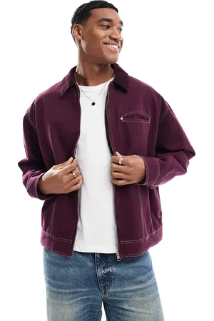 ASOS Boxy oversized cord collar harrington jacket with contrast stitch in burgundy