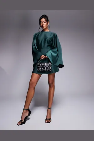 ASOS Satin batwing playsuit with skort detail in forest