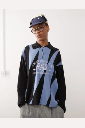 Weekday Rene polo sweatshirt with fantazy fussball graphic print in & blue