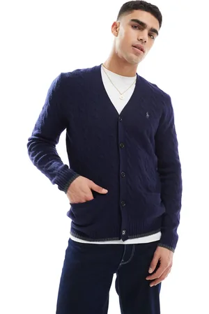Ralph Lauren Icon logo wool cable knit cardigan in charcoal marl