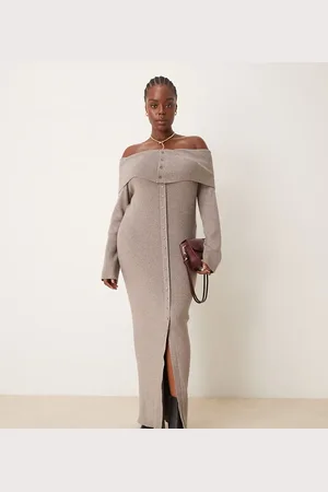 Pretty Lavish Button bardot knit maxi dress in mink