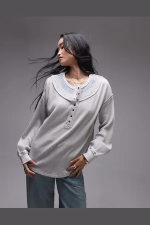 Free People Stitch detail relaxed waffle henley sweat in heather