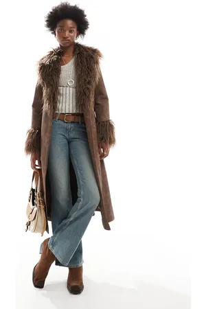 Reclaimed Longline leather look mac with faux fur collar