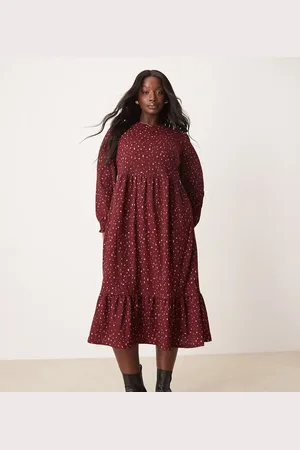 New Look New Look Curve crinkle smock midi dress in burgundy