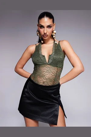 ASOS Strappy layered lace cami bodysuit in khaki