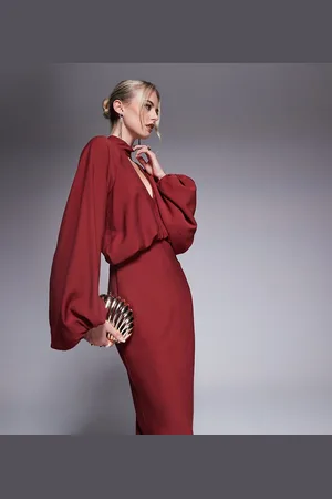 ASOS ASOS DESIGN Tall high neck plunge maxi dress with blouson sleeves in