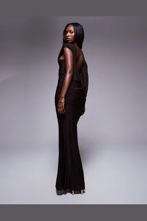 ASOS Off shoulder maxi dress with drape cowl back in chocolate