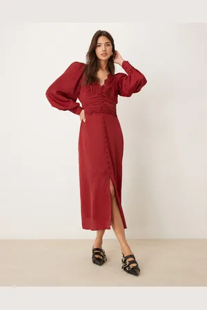 Miss Selfridge Satin jacquard button through lace trim midi dress in berry