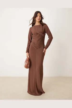 ASOS Ruched bust crinkle bias maxi dress with gathers in chocolate