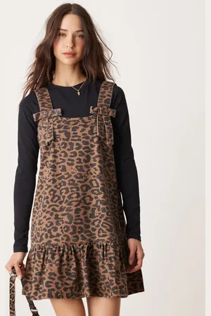 Neon Rose Leopard print denim pinny dress in