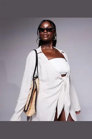 ASOS ASOS DESIGN Curve Isabel linen blend tie front beach coverup dress in natural