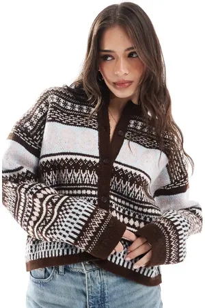 ASOS Fluffy knitted fair isle cardigan in brown