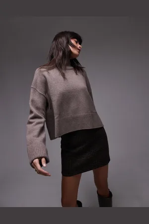 ARKET Wool knitted rib funnel neck sweater with split back neck and turn up cuffs in dark beige