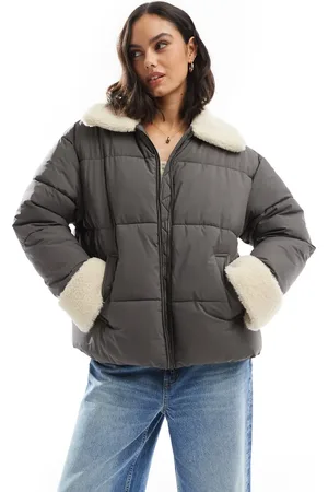 ASOS Borg collar and cuff puffer jacket in charcoal