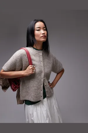 Topshop Knitted half sleeve cardi in tan