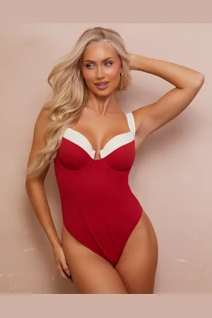 Wolf & Whistle Fuller Bust x Abby Benson contrast trim swimsuit in cherry and cream