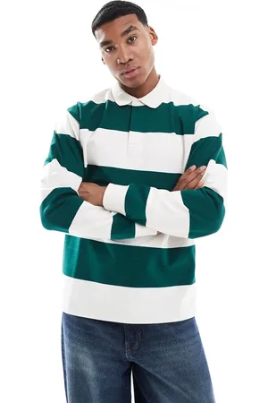 New Look Oversized stripe rugby polo shirt in green pattern