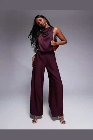 ASOS Cowl neck jumpsuit with satin bodice in burgundy