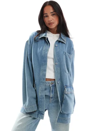 ASOS Premium denim funnel neck jacket in midwash