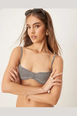 Free Society Crinkle stripe knot front underwire bikini top in black and white