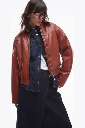 Topshop Faux leather bomber jacket in rust