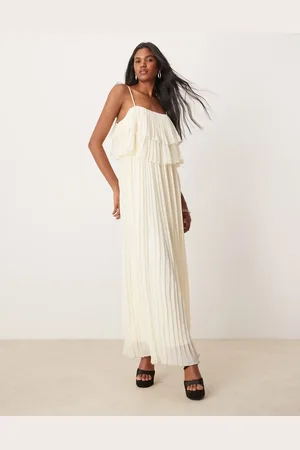VILA Pleated ruffle layer cami maxi dress in birch cream