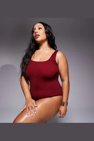 South Beach Square neck crinkle swimsuit in cherry