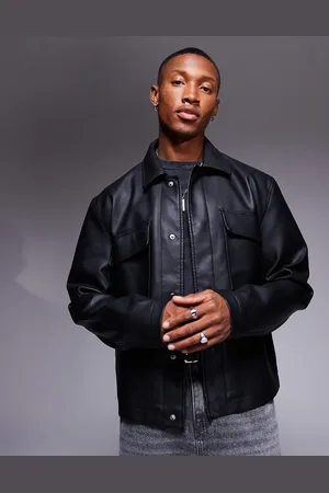 ASOS Faux leather oversized crop harrington jacket with pockets in