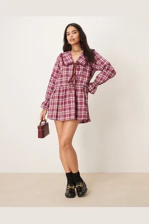 ASOS Tie front mini dress in burgundy check
