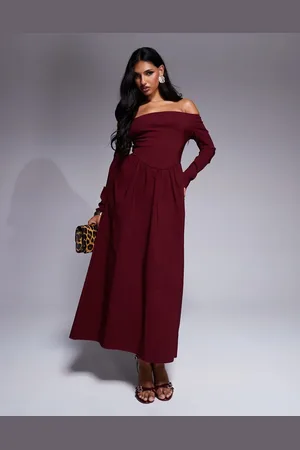 ASOS Bengaline long sleeve bardot midi dress in burgundy