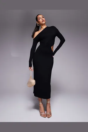 ASOS Fallen shoulder long sleeve ruched cut out midi dress in