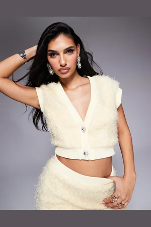 ASOS Co-ord textured knit cropped cardigan with embellished buttons in Buttermilk