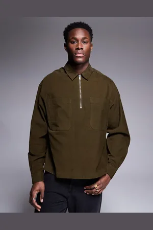 ASOS Boxy overhead cord shirt with zipped pockets in washed khaki