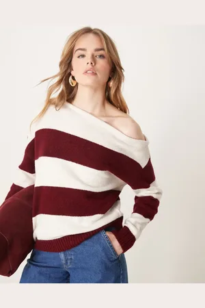 ASOS One shoulder knitted jumper in burgundy stripe