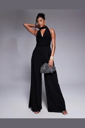 ASOS Cowl fabric mix wide leg jumpsuit with tie neck in