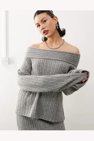 COLLUSION Knitted ribbed off the shoulder jumper in charcoal co-ord