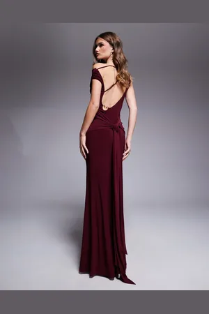 ASOS Asymmetric off shoulder maxi dress with back sash detail and heart hardware in blackcurrant