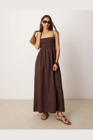 ASOS Shirred bust cotton sateen maxi dress in chocolate