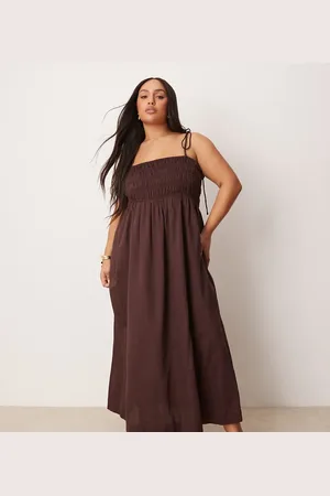 ASOS ASOS DESIGN Curve shirred bust cotton sateen maxi dress in chocolate