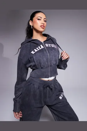 Kaiia Studio fitted zip up hoodie co-ord in washed grey and pink