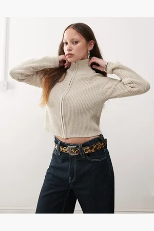 Noisy May Zip through funnel neck knitted cardigan in beige