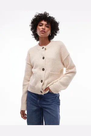 Topshop Knitted relaxed exposed seam crew cardi with pockets in cream